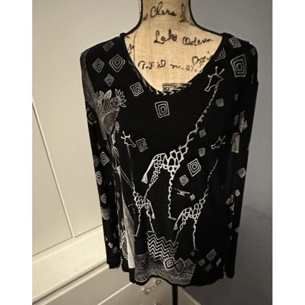 Vtg Chicos Travelers Sz 3 XL Slinky Stretch Giraffe African Print Black Long Slv